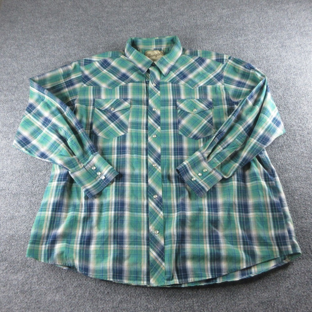Wrangler Shirt Mens 3XL Green Plaid Long Sleeve Pearl Snap Western Rodeo